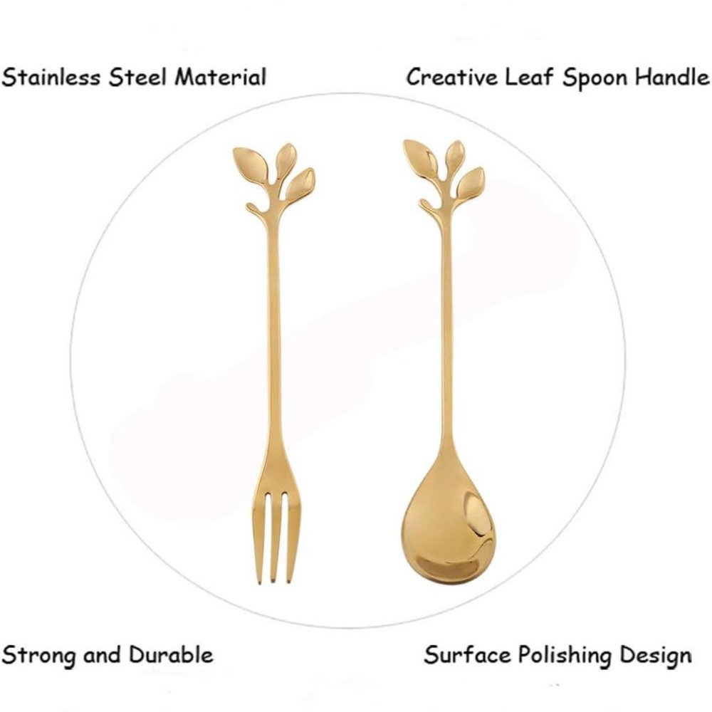 AnSaw 10-Piece Stainless Steel Gold Leaf Coffee Spoon appetizer fork-Creative - Picture 4 of 5